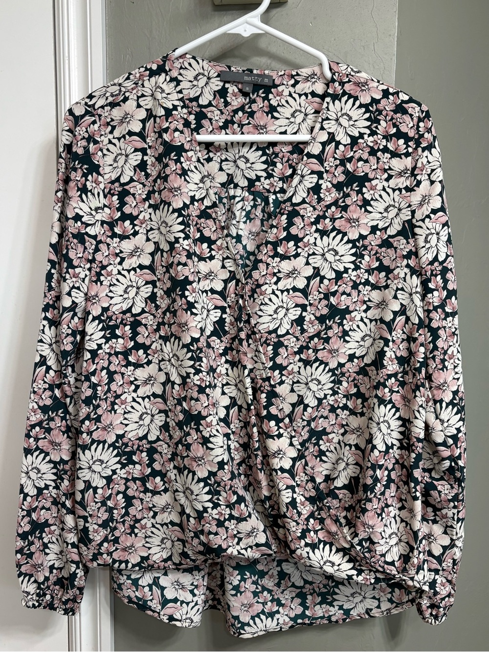 Matty M Black Floral V-Neck Blouse with Pink and Cream Flowers